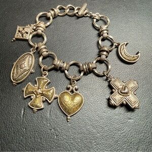 Vintage BRIGHTON Cherish Two-Tone Charm Bracelet Reversible Silver Plate Size 7"